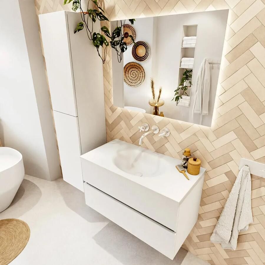 Mondiaz VICA 90cm badmeubel onderkast Talc 2 lades. Wastafel MOON midden zonder kraangat kleur Talc. - Foto 2