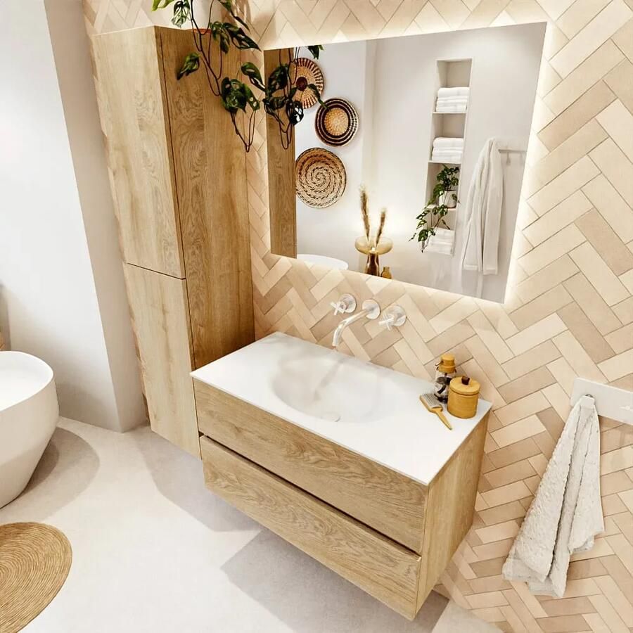 Mondiaz VICA 90cm badmeubel onderkast Washed Oak 2 lades. Wastafel MOON midden zonder kraangat kleur Talc. - Foto 2