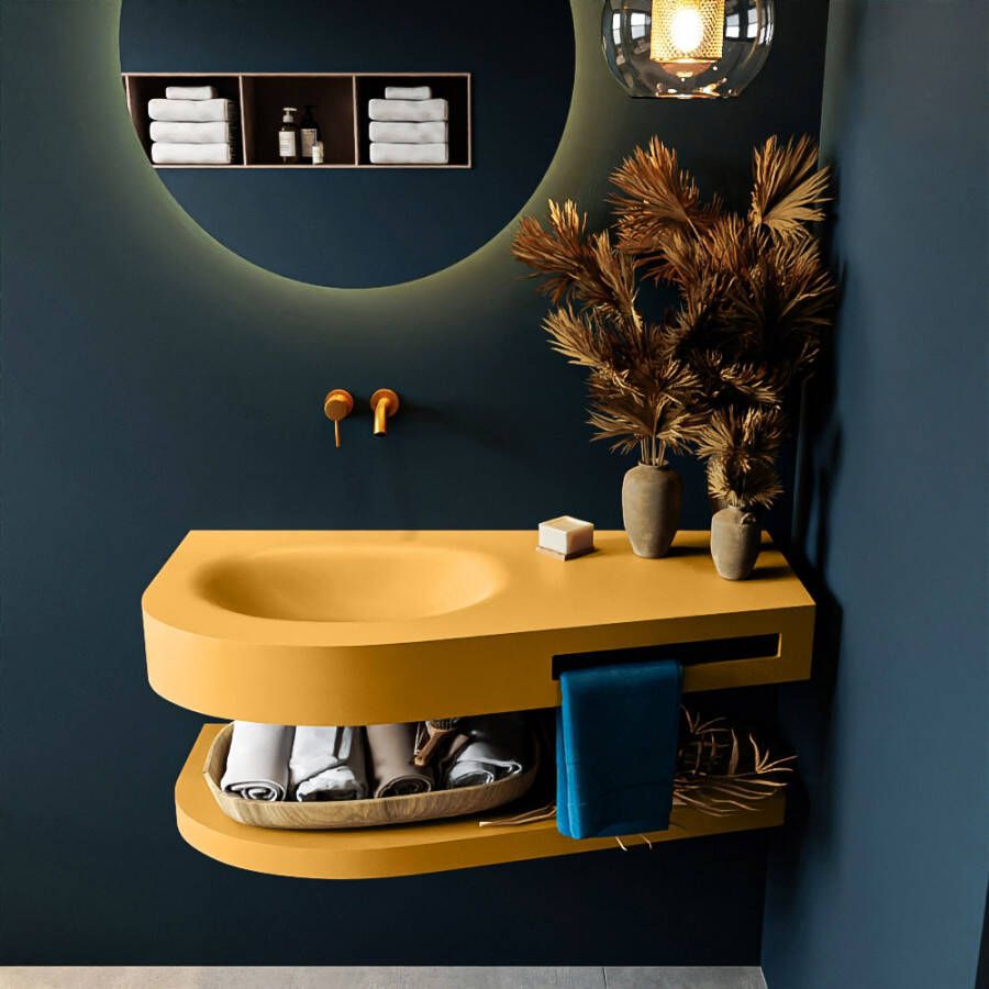 Mondiaz RIVA badmeubelsets 100x50x5.8cm 0 lades Ocher mat 0 kraangaten 1 wasbak links Ocher solid surface RIVA-D10097