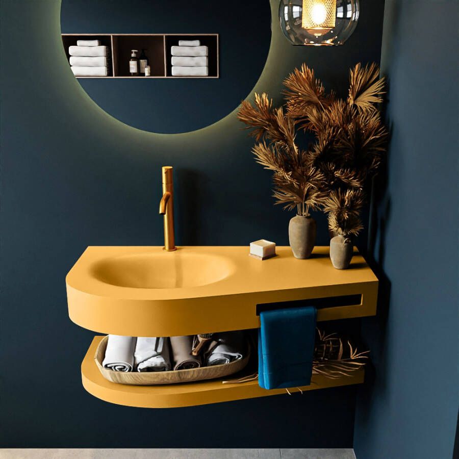 Mondiaz RIVA badmeubelsets 100x50x5.8cm 0 lades Ocher mat 1 kraangat 1 wasbak links Ocher solid surface RIVA-D10099