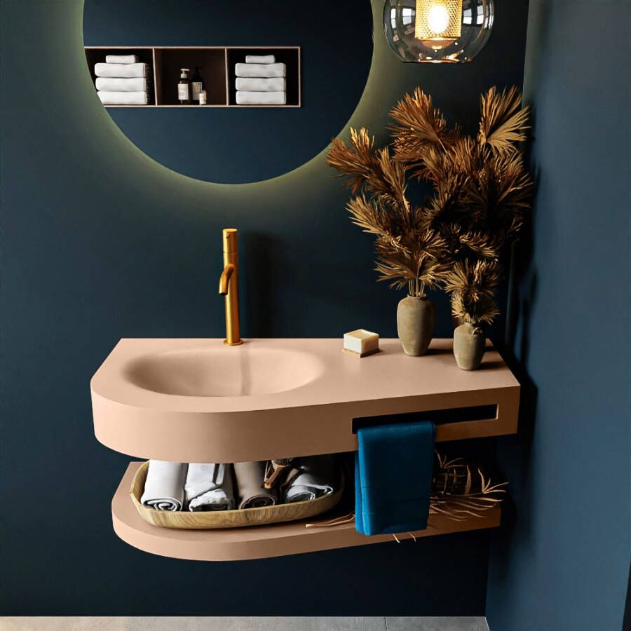 Mondiaz RIVA badmeubelsets 100x50x5.8cm 0 lades Rosee mat 1 kraangat 1 wasbak links Rosee solid surface RIVA-D10115