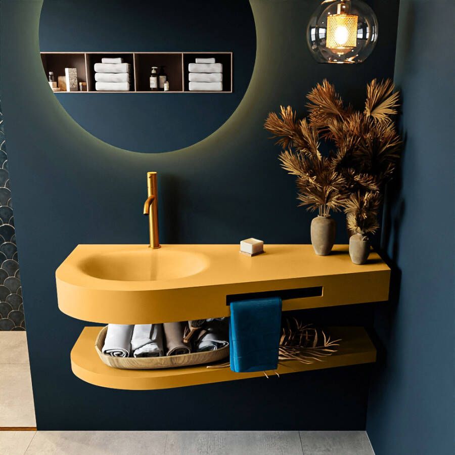 Mondiaz RIVA badmeubelsets 120x50x5.8cm 0 lades Ocher mat 1 kraangat 1 wasbak links Ocher solid surface RIVA-D10103
