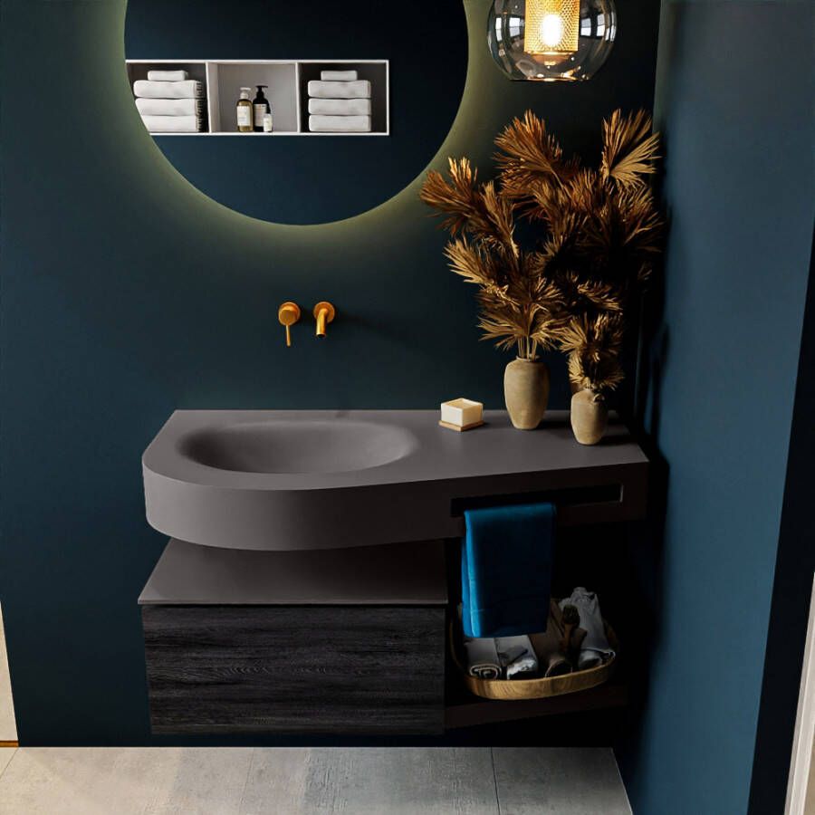 Mondiaz RIVA badmeubelsets 100x50x30cm 1 lade MDF Antracite mat push to open 0 kraangaten 1 wasbak links dark grey solid surface RIVA10513