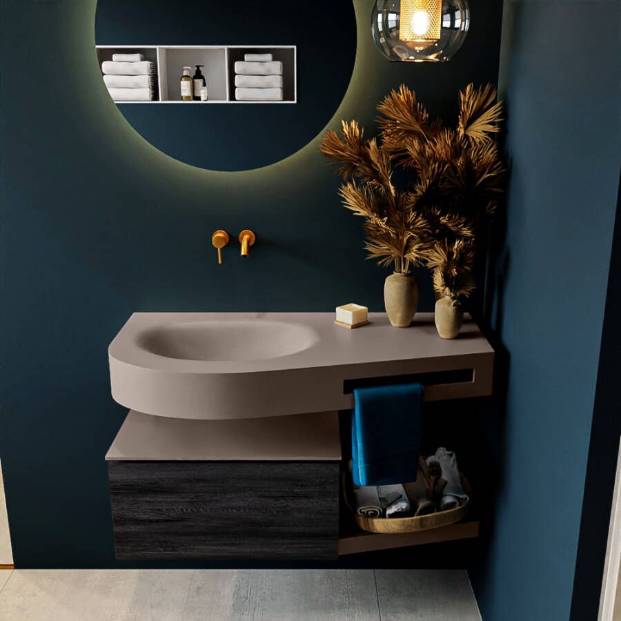 Mondiaz RIVA badmeubelsets 100x50x30cm 1 lade MDF Antracite mat push to open 0 kraangaten 1 wasbak links Smoke solid surface RIVA11041