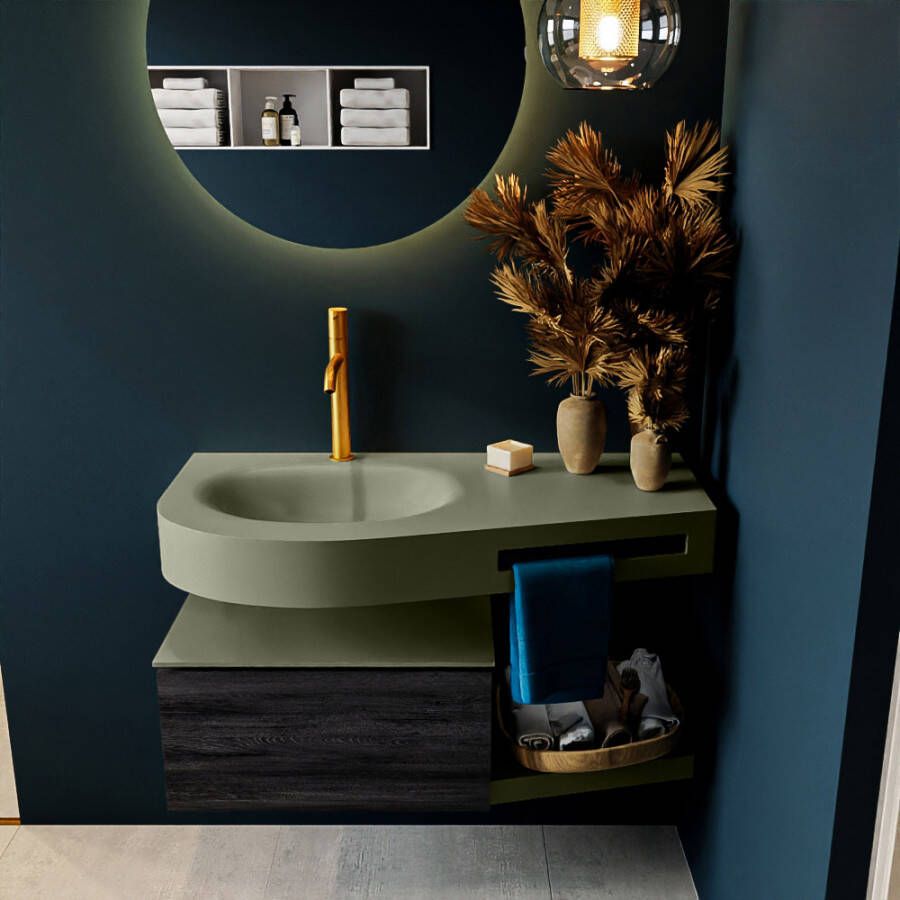 Mondiaz RIVA badmeubelsets 100x50x30cm 1 lade MDF Antracite mat push to open 1 kraangat 1 wasbak links Army solid surface RIVA10867