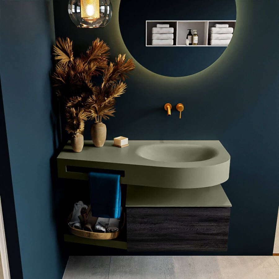 Mondiaz RIVA badmeubelsets 100x50x30cm 1 lade MDF Antracite mat push to open 0 kraangaten 1 wasbak rechts Army solid surface RIVA10866