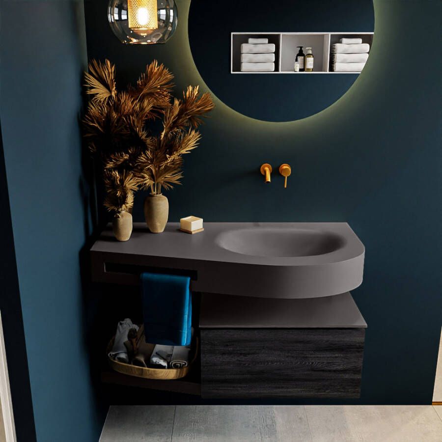 Mondiaz RIVA badmeubelsets 100x50x30cm 1 lade MDF Antracite mat push to open 0 kraangaten 1 wasbak rechts dark grey solid surface RIVA10514