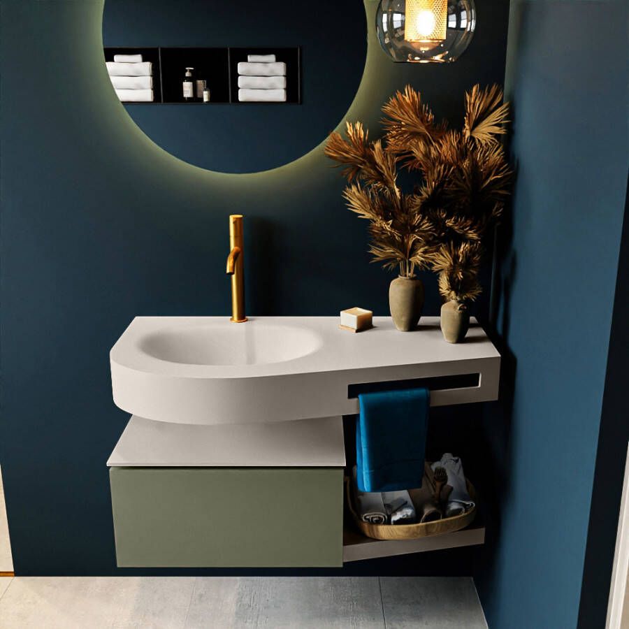 Mondiaz RIVA badmeubelsets 100x50x30cm 1 lade MDF Army mat push to open 1 kraangat 1 wasbak links Linen solid surface RIVA10595