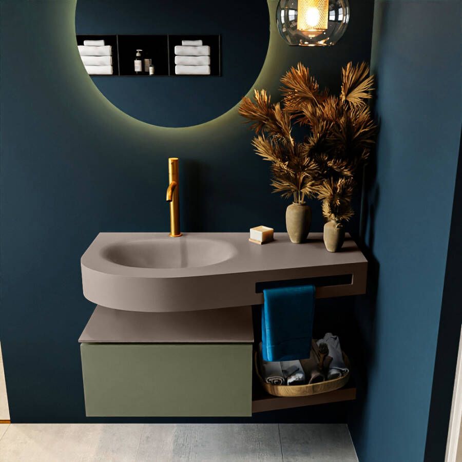 Mondiaz RIVA badmeubelsets 100x50x30cm 1 lade MDF Army mat push to open 1 kraangat 1 wasbak links Smoke solid surface RIVA10947