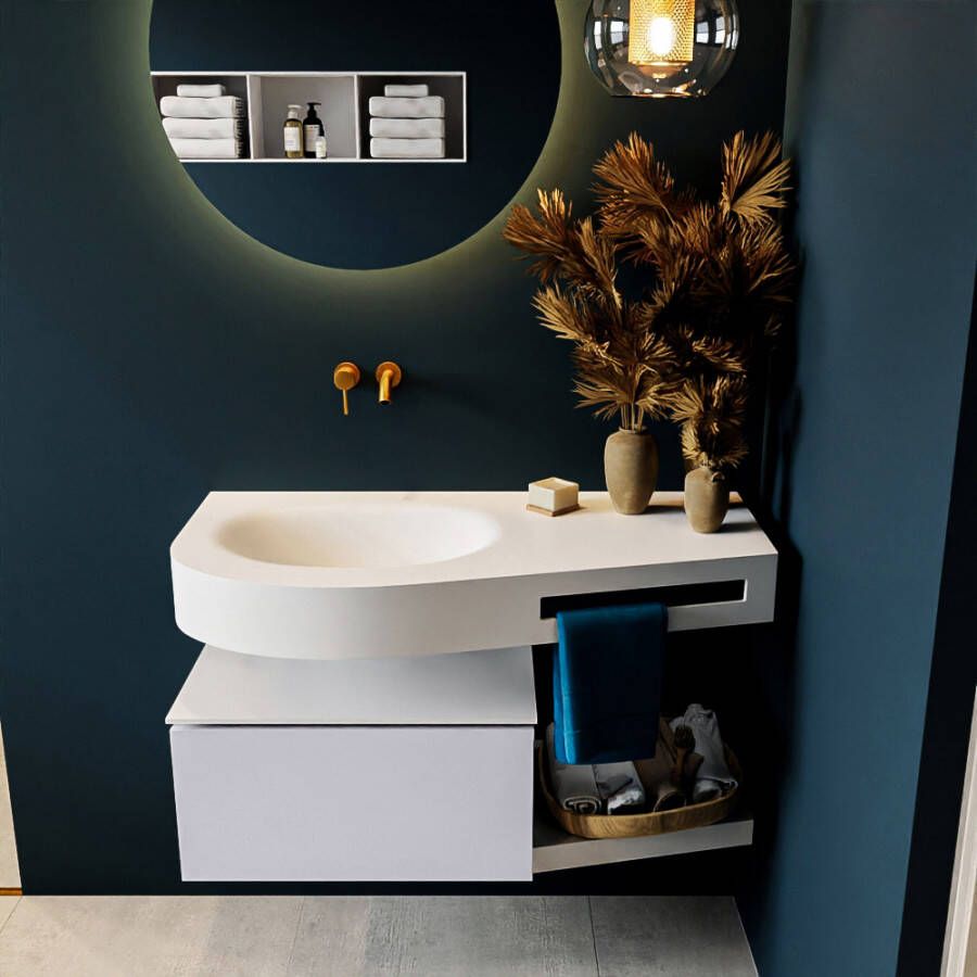 Mondiaz RIVA badmeubelsets 100x50x30cm 1 lade MDF Cale mat push to open 0 kraangaten 1 wasbak links Talc solid surface RIVA10049