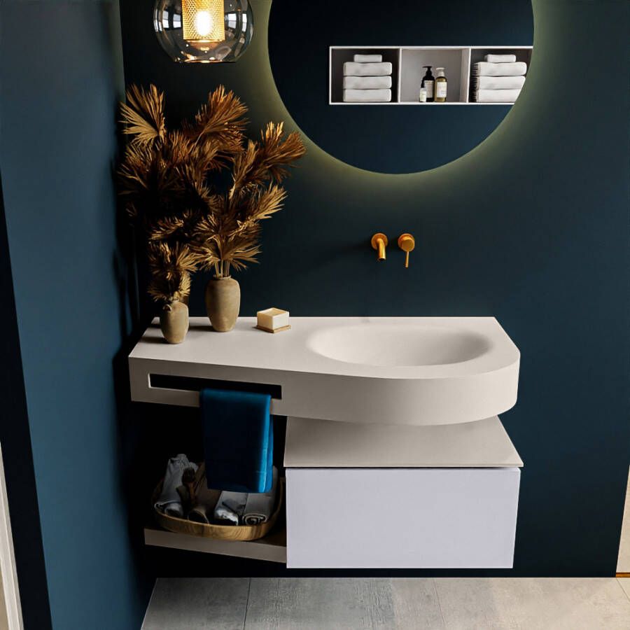 Mondiaz RIVA badmeubelsets 100x50x30cm 1 lade MDF Cale mat push to open 0 kraangaten 1 wasbak rechts Linen solid surface RIVA10578