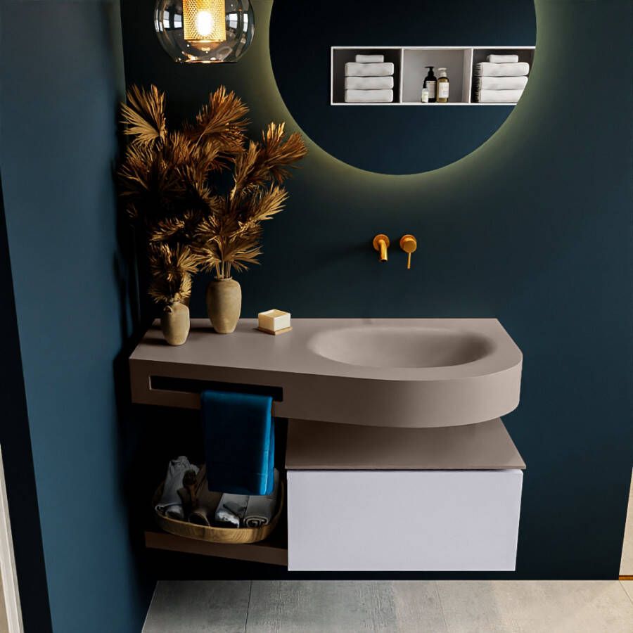 Mondiaz RIVA badmeubelsets 100x50x30cm 1 lade MDF Cale mat push to open 0 kraangaten 1 wasbak rechts Smoke solid surface RIVA10930 - Foto 1