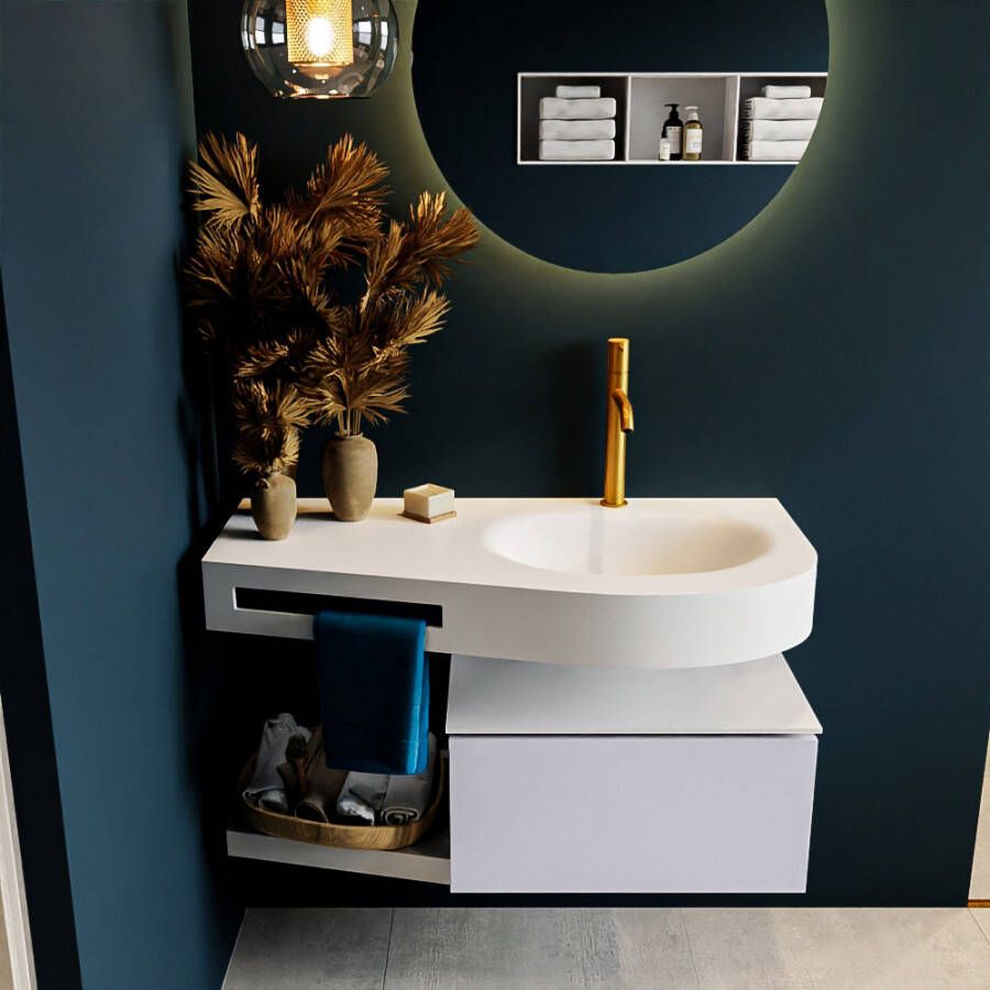 Mondiaz RIVA badmeubelsets 100x50x30cm 1 lade MDF Cale mat push to open 1 kraangat 1 wasbak rechts Talc solid surface RIVA10052