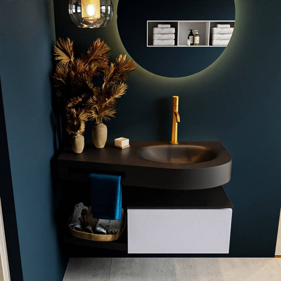 Mondiaz RIVA badmeubelsets 100x50x30cm 1 lade MDF Cale mat push to open 1 kraangat 1 wasbak rechts Urban solid surface RIVA10228