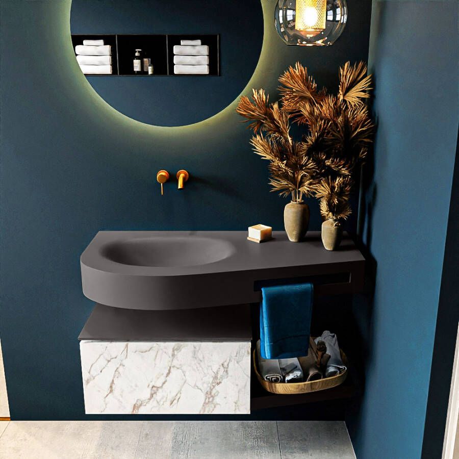 Mondiaz RIVA badmeubelsets 100x50x30cm 1 lade MDF carrara mat push to open 0 kraangaten 1 wasbak links dark grey solid surface RIVA10521