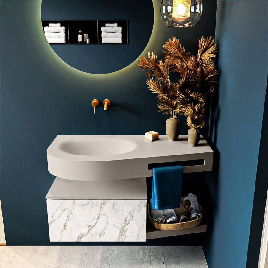 Mondiaz RIVA badmeubelsets 100x50x30cm 1 lade MDF carrara mat push to open 0 kraangaten 1 wasbak links Linen solid surface RIVA10697 - Foto 2