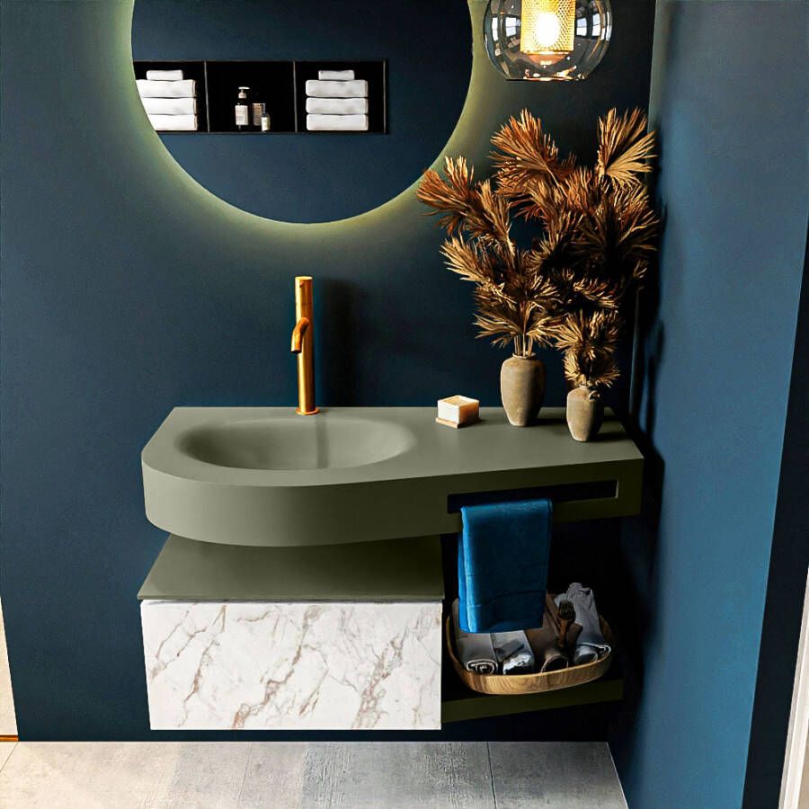 Mondiaz RIVA badmeubelsets 100x50x30cm 1 lade MDF carrara mat push to open 1 kraangat 1 wasbak links Army solid surface RIVA10875