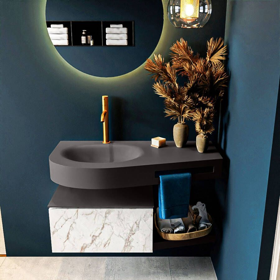 Mondiaz RIVA badmeubelsets 100x50x30cm 1 lade MDF carrara mat push to open 1 kraangat 1 wasbak links dark grey solid surface RIVA10523