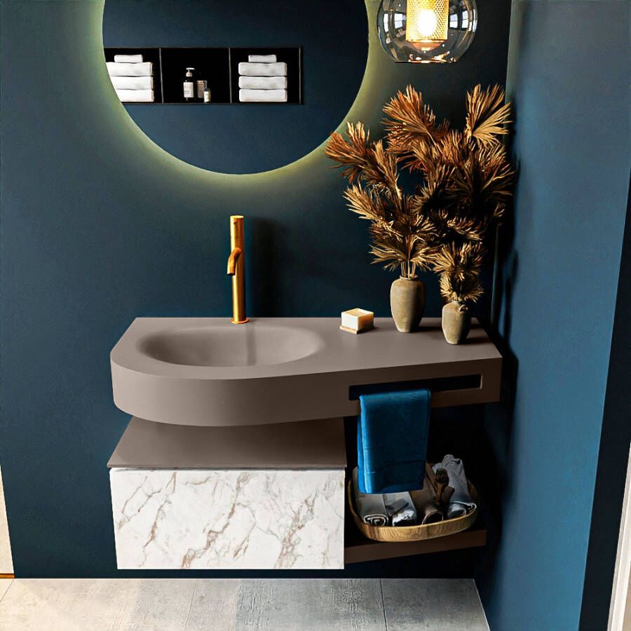 Mondiaz RIVA badmeubelsets 100x50x30cm 1 lade MDF carrara mat push to open 1 kraangat 1 wasbak links Smoke solid surface RIVA11051