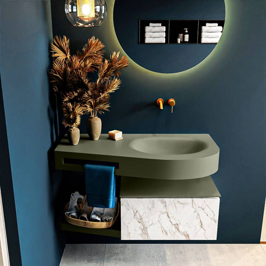 Mondiaz RIVA badmeubelsets 100x50x30cm 1 lade MDF carrara mat push to open 0 kraangaten 1 wasbak rechts Army solid surface RIVA10874