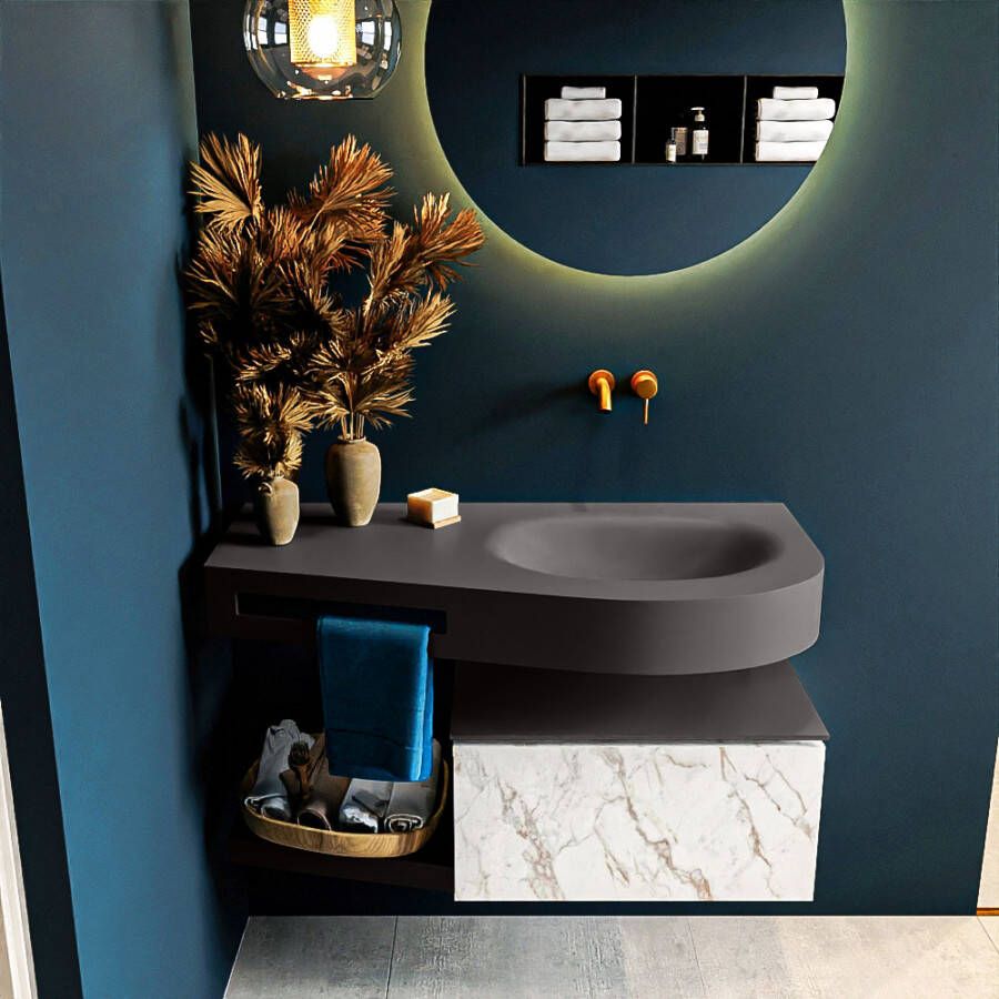 Mondiaz RIVA badmeubelsets 100x50x30cm 1 lade MDF carrara mat push to open 0 kraangaten 1 wasbak rechts dark grey solid surface RIVA10522