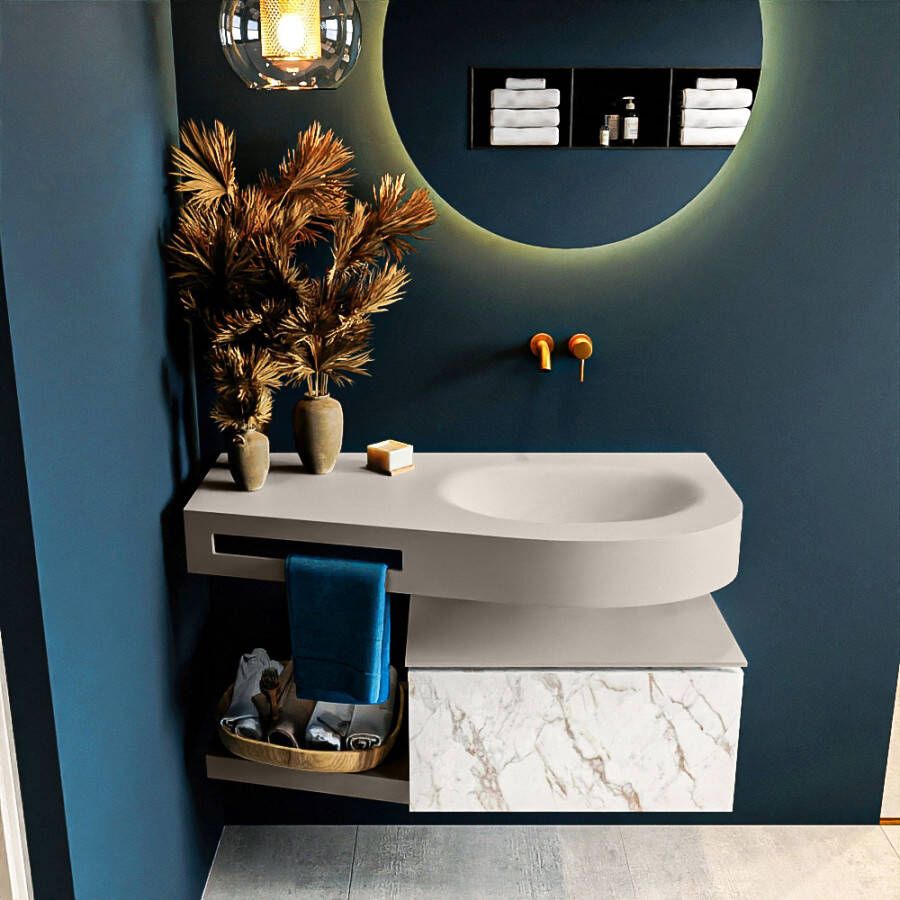 Mondiaz RIVA badmeubelsets 100x50x30cm 1 lade MDF carrara mat push to open 0 kraangaten 1 wasbak rechts Linen solid surface RIVA10698 - Foto 1