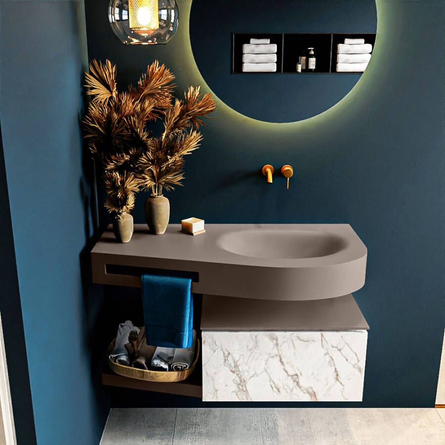 Mondiaz RIVA badmeubelsets 100x50x30cm 1 lade MDF carrara mat push to open 0 kraangaten 1 wasbak rechts Smoke solid surface RIVA11050