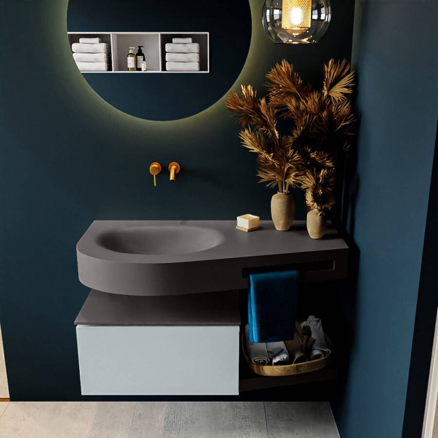 Mondiaz RIVA badmeubelsets 100x50x30cm 1 lade MDF Clay mat push to open 0 kraangaten 1 wasbak links dark grey solid surface RIVA10385