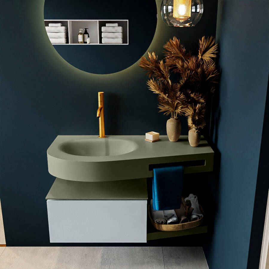 Mondiaz RIVA badmeubelsets 100x50x30cm 1 lade MDF Clay mat push to open 1 kraangat 1 wasbak links Army solid surface RIVA10739