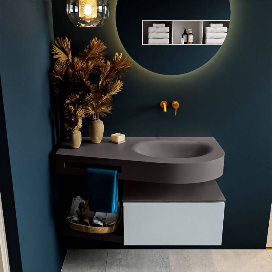 Mondiaz RIVA badmeubelsets 100x50x30cm 1 lade MDF Clay mat push to open 0 kraangaten 1 wasbak rechts dark grey solid surface RIVA10386