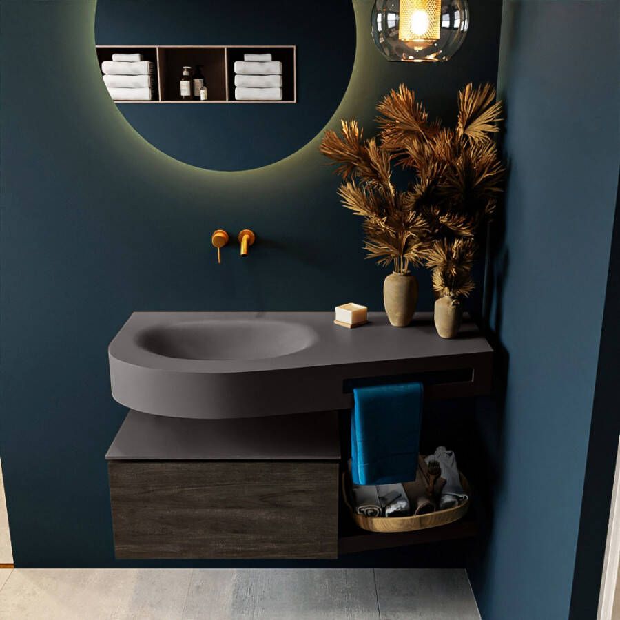 Mondiaz RIVA badmeubelsets 100x50x30cm 1 lade MDF Dark Brown mat push to open 0 kraangaten 1 wasbak links dark grey solid surface RIVA10481 - Foto 1