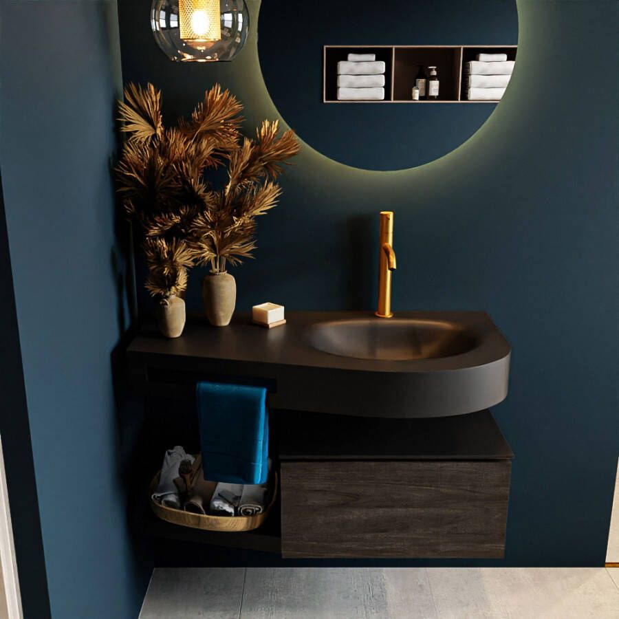 Mondiaz RIVA badmeubelsets 100x50x30cm 1 lade MDF Dark Brown mat push to open 1 kraangat 1 wasbak rechts Urban solid surface RIVA10308