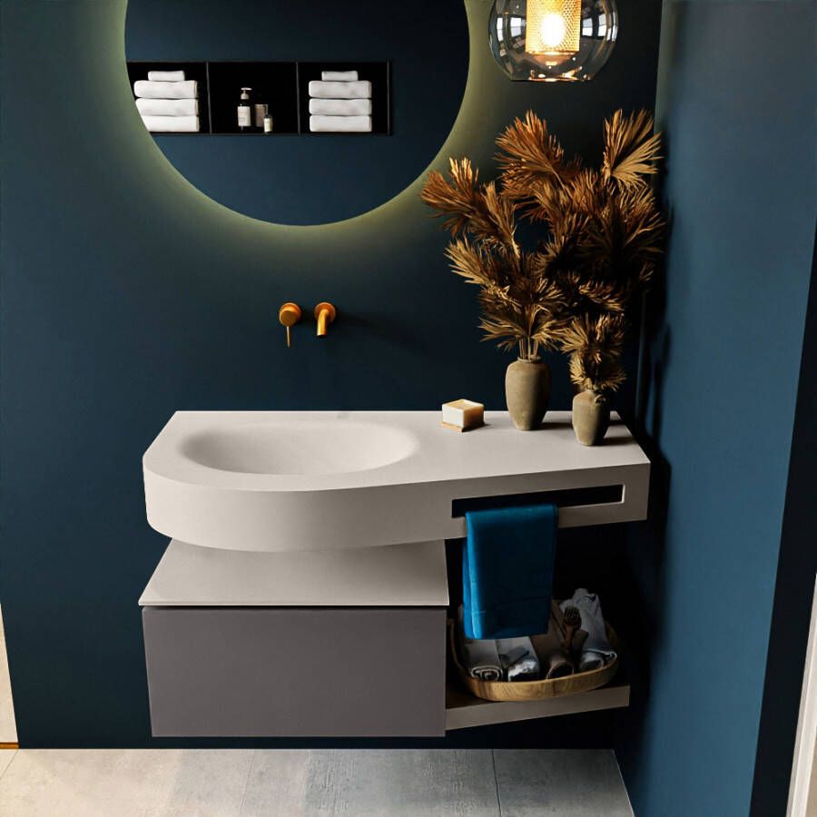 Mondiaz RIVA badmeubelsets 100x50x30cm 1 lade MDF Dark Grey mat push to open 0 kraangaten 1 wasbak links Linen solid surface RIVA10585 - Foto 1