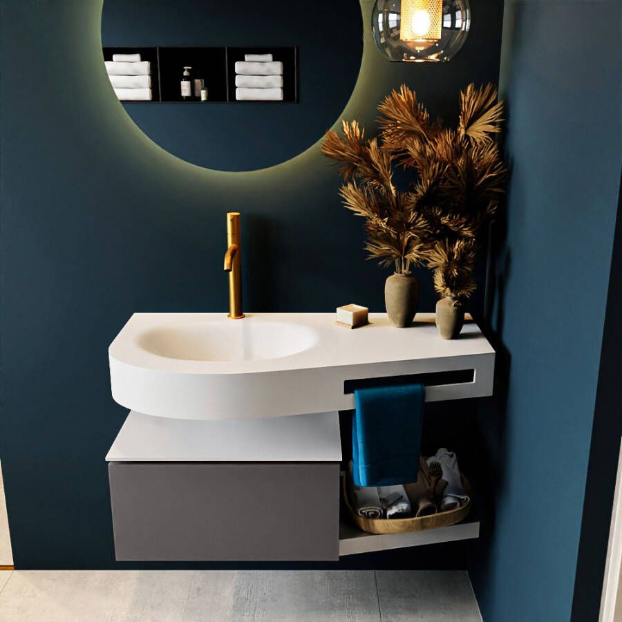 Mondiaz RIVA badmeubelsets 100x50x30cm 1 lade MDF Dark Grey mat push to open 1 kraangat 1 wasbak links Talc solid surface RIVA10059 - Foto 1