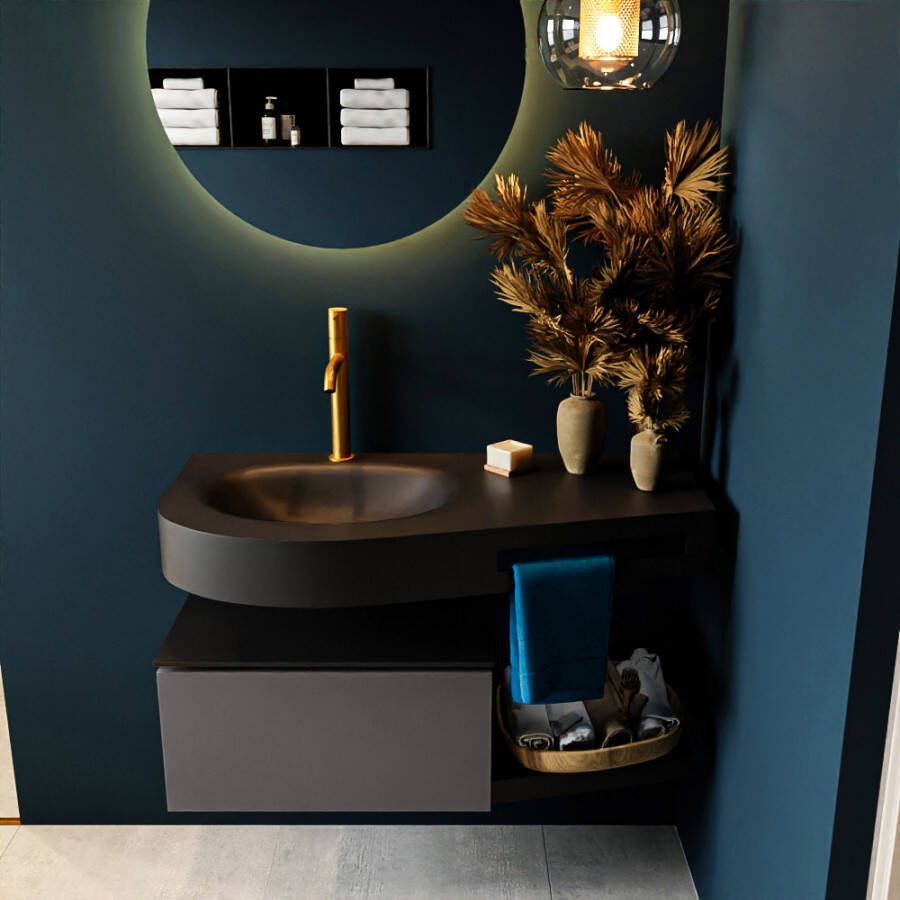 Mondiaz RIVA badmeubelsets 100x50x30cm 1 lade MDF Dark Grey mat push to open 1 kraangat 1 wasbak links Urban solid surface RIVA10235