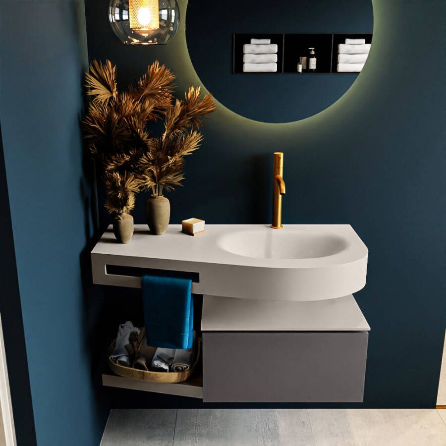 Mondiaz RIVA badmeubelsets 100x50x30cm 1 lade MDF Dark Grey mat push to open 1 kraangat 1 wasbak rechts Linen solid surface RIVA10588