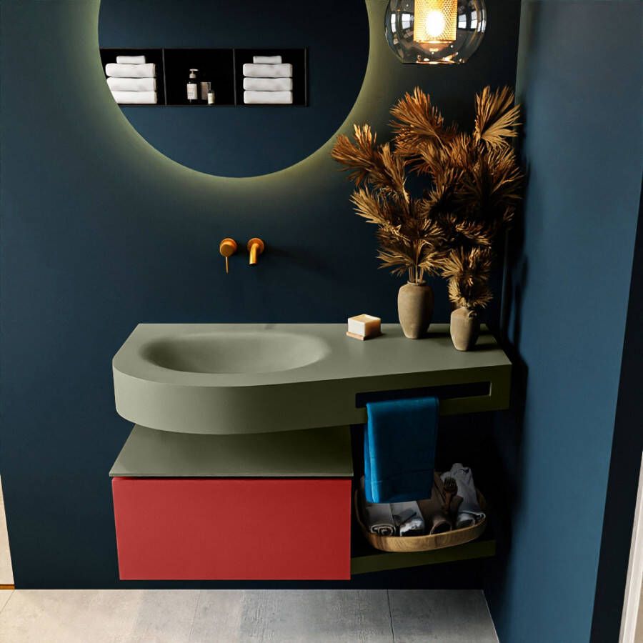 Mondiaz RIVA badmeubelsets 100x50x30cm 1 lade MDF Fire mat push to open 0 kraangaten 1 wasbak links Army solid surface RIVA10785