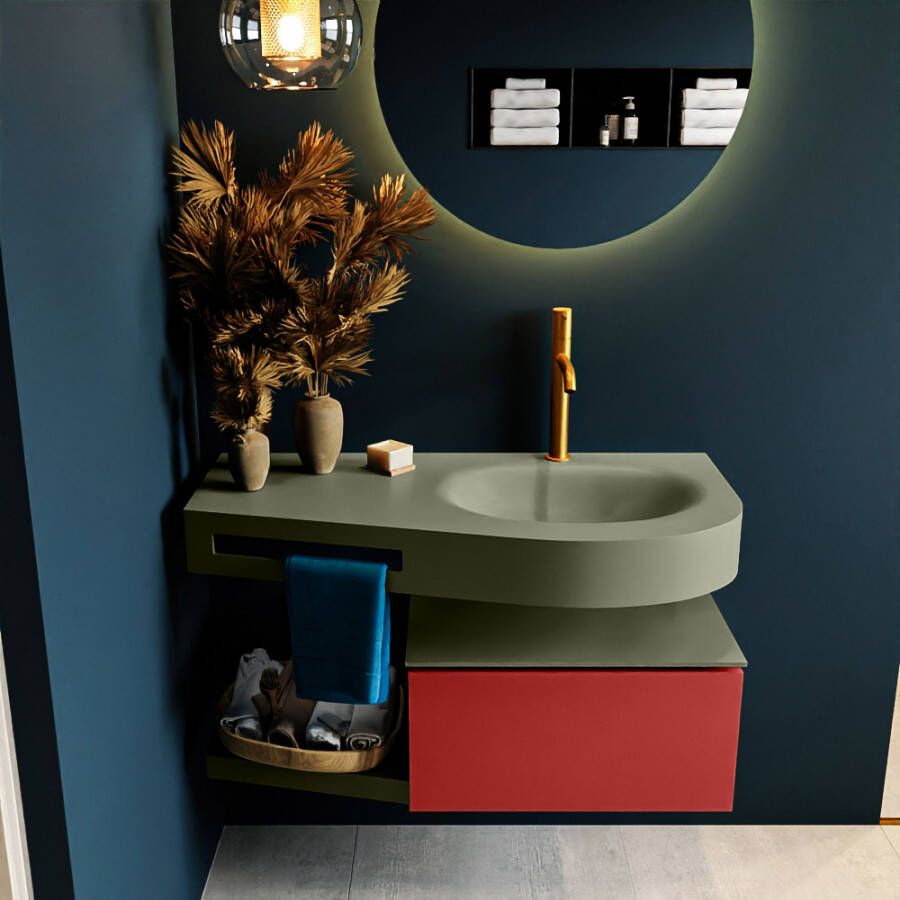 Mondiaz RIVA badmeubelsets 100x50x30cm 1 lade MDF Fire mat push to open 1 kraangat 1 wasbak rechts Army solid surface RIVA10788