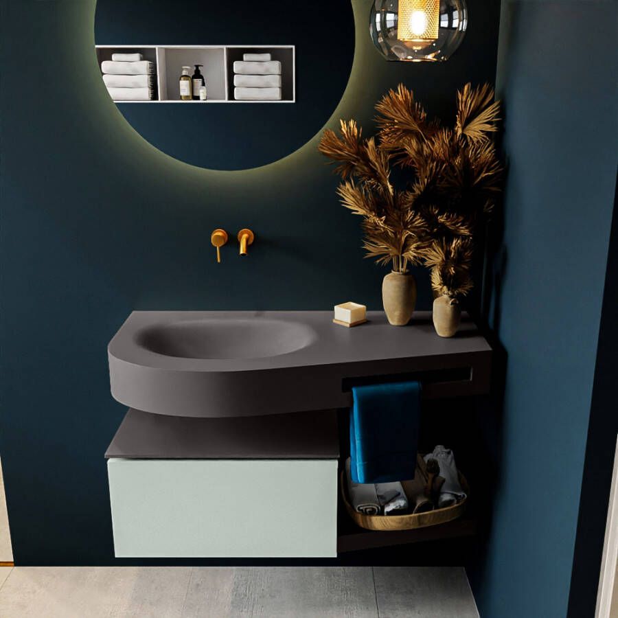 Mondiaz RIVA badmeubelsets 100x50x30cm 1 lade MDF Greey mat push to open 0 kraangaten 1 wasbak links dark grey solid surface RIVA10377