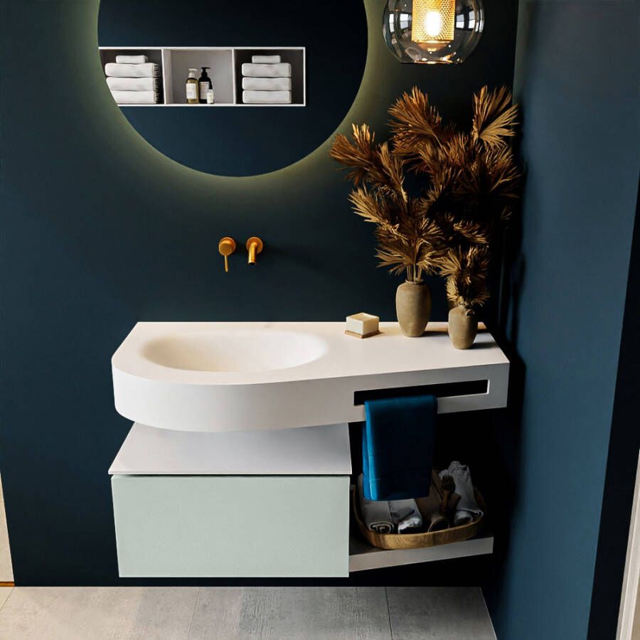 Mondiaz RIVA badmeubelsets 100x50x30cm 1 lade MDF Greey mat push to open 0 kraangaten 1 wasbak links Talc solid surface RIVA10025