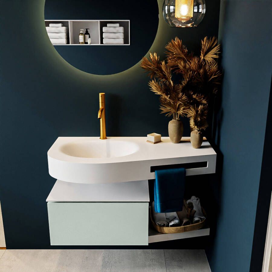 Mondiaz RIVA badmeubelsets 100x50x30cm 1 lade MDF Greey mat push to open 1 kraangat 1 wasbak links Talc solid surface RIVA10027 - Foto 2