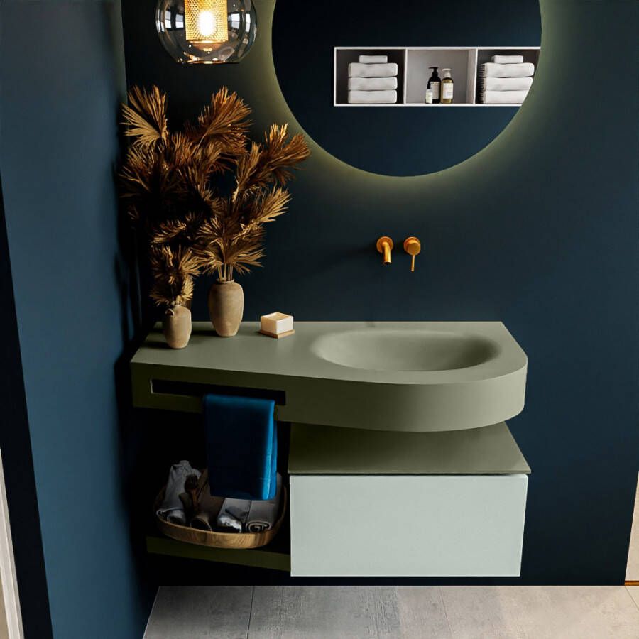 Mondiaz RIVA badmeubelsets 100x50x30cm 1 lade MDF Greey mat push to open 0 kraangaten 1 wasbak rechts Army solid surface RIVA10730 - Foto 2