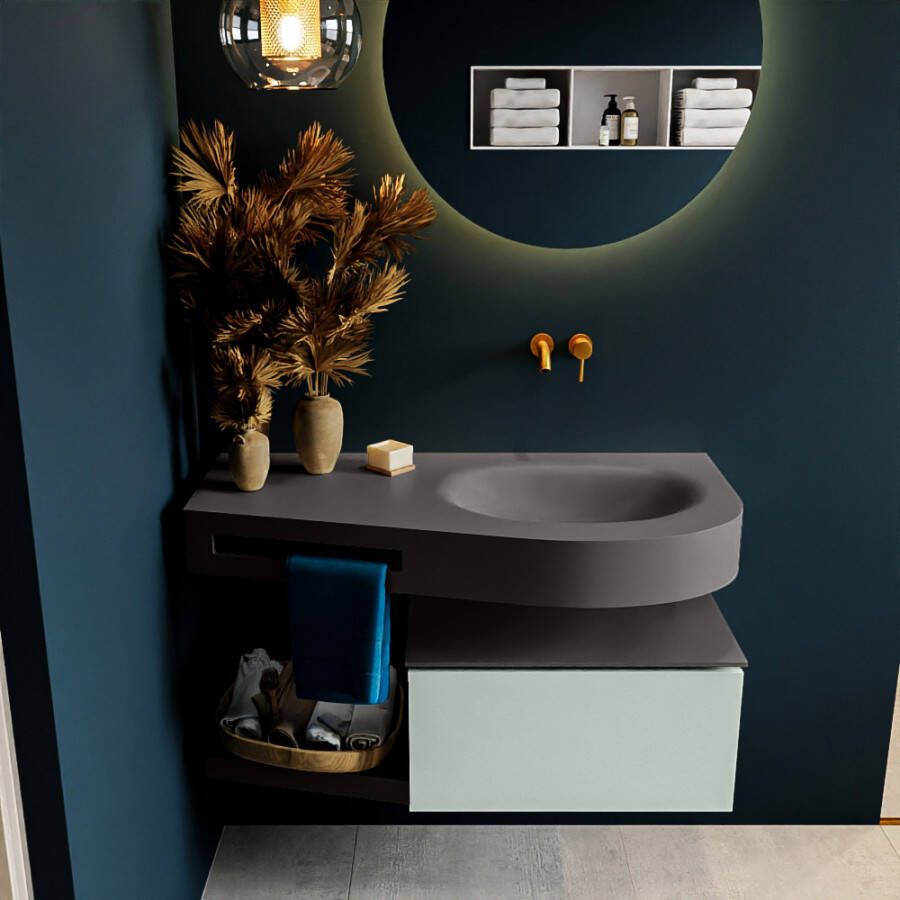 Mondiaz RIVA badmeubelsets 100x50x30cm 1 lade MDF Greey mat push to open 0 kraangaten 1 wasbak rechts dark grey solid surface RIVA10378