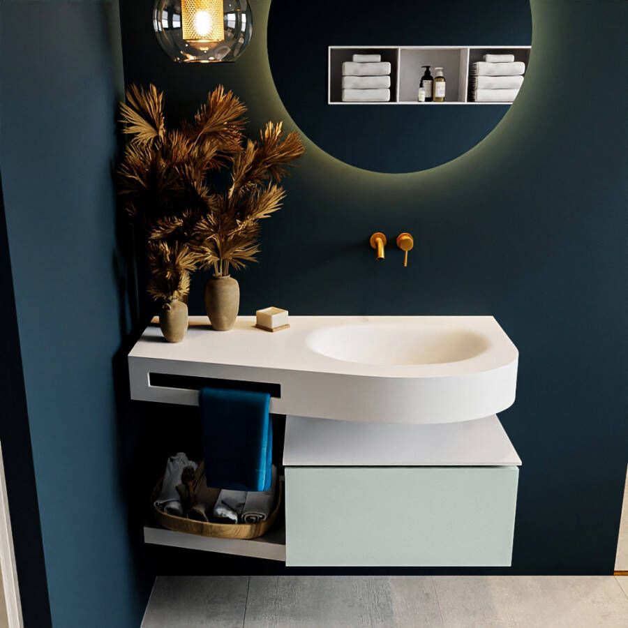 Mondiaz RIVA badmeubelsets 100x50x30cm 1 lade MDF Greey mat push to open 0 kraangaten 1 wasbak rechts Talc solid surface RIVA10026