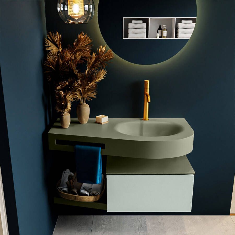 Mondiaz RIVA badmeubelsets 100x50x30cm 1 lade MDF Greey mat push to open 1 kraangat 1 wasbak rechts Army solid surface RIVA10732