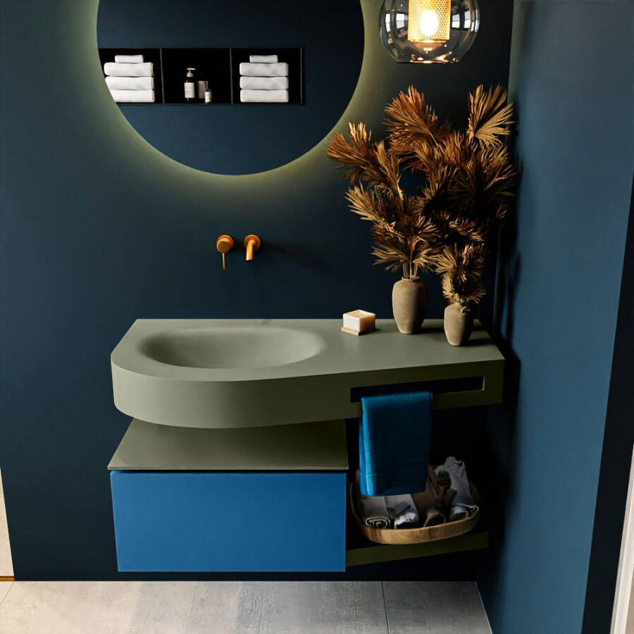 Mondiaz RIVA badmeubelsets 100x50x30cm 1 lade MDF Jeans mat push to open 0 kraangaten 1 wasbak links Army solid surface RIVA10793 - Foto 2