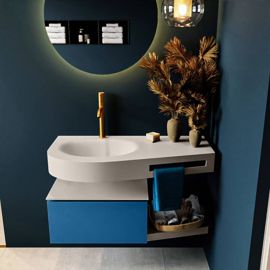 Mondiaz RIVA badmeubelsets 100x50x30cm 1 lade MDF Jeans mat push to open 1 kraangat 1 wasbak links Linen solid surface RIVA10619