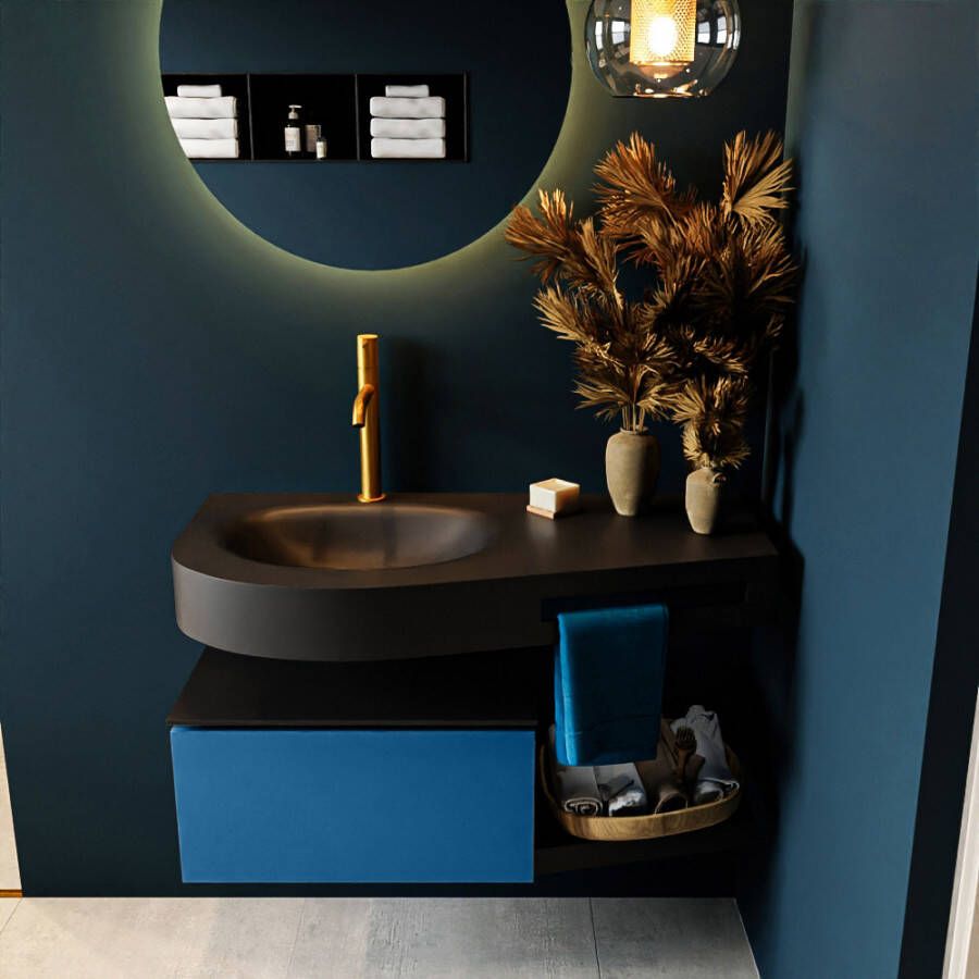 Mondiaz RIVA badmeubelsets 100x50x30cm 1 lade MDF Jeans mat push to open 1 kraangat 1 wasbak links Urban solid surface RIVA10267