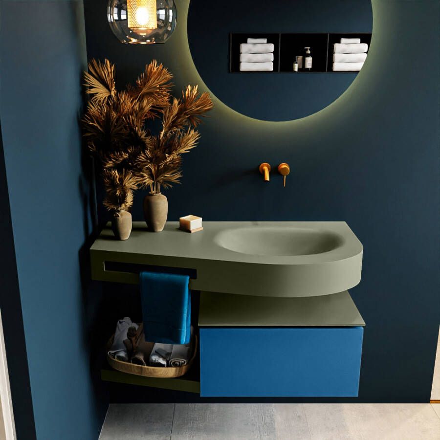 Mondiaz RIVA badmeubelsets 100x50x30cm 1 lade MDF Jeans mat push to open 0 kraangaten 1 wasbak rechts Army solid surface RIVA10794 - Foto 1