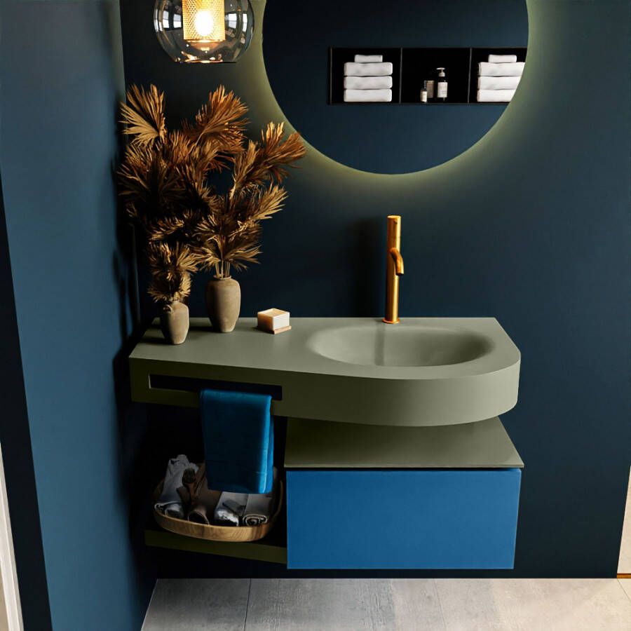 Mondiaz RIVA badmeubelsets 100x50x30cm 1 lade MDF Jeans mat push to open 1 kraangat 1 wasbak rechts Army solid surface RIVA10796